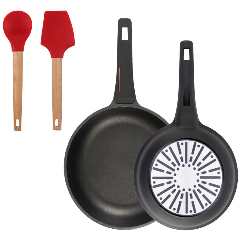 Bergner Juego de 2 Sartenes Ø24Ø28cm en aluminio fundido con mango de baquelita+Juego de 2 utensilios de cocina de silicona