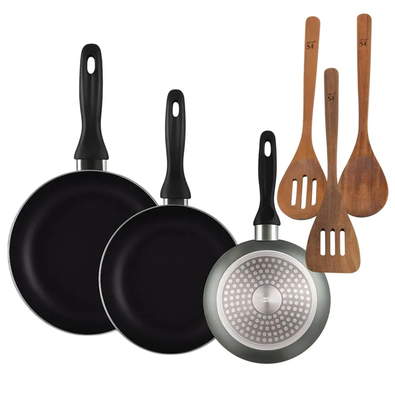 Well Home Set de 3 Sartenes Ø16Ø20Ø24cm de Aluminio prensado en Gris metalizado+Set 3pc utensilios cocina madera acacia