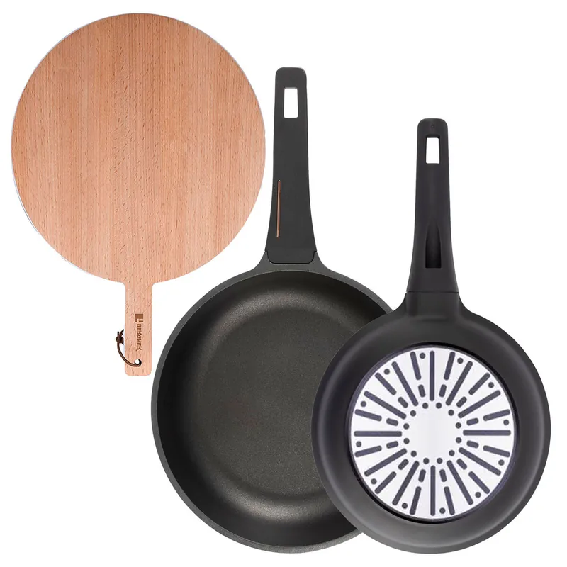 Bergner Juego de 2 Sartenes Ø24Ø28cm en aluminio fundido con mango de baquelita+Tabla de corte Redonda de 38x28x1,5cm en madera de haya - Cocina