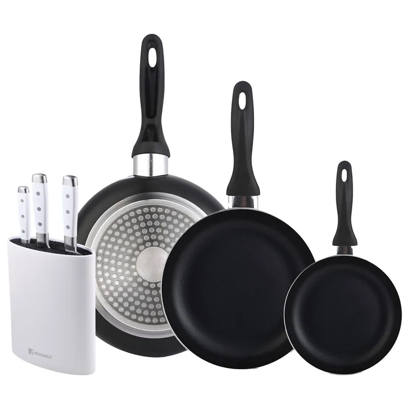 Set 3 sartenes Wellhome 16/20/24 aluminio prensado+Juego de 3 Cuchillos de acero inoxidable + Tacoma en color Blanco - Cocina