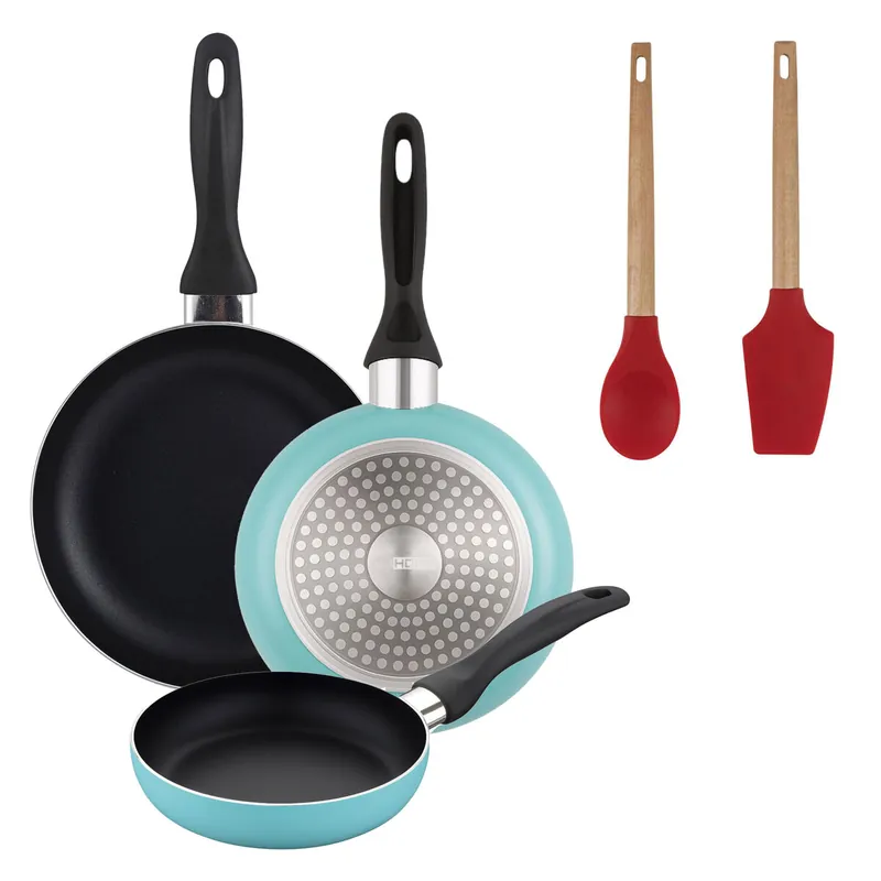 Well Home Set de 3 Sartenes Ø16Ø20Ø24cm de Aluminio prensado en Azul mate+Juego de 2 utensilios de cocina de silicona
