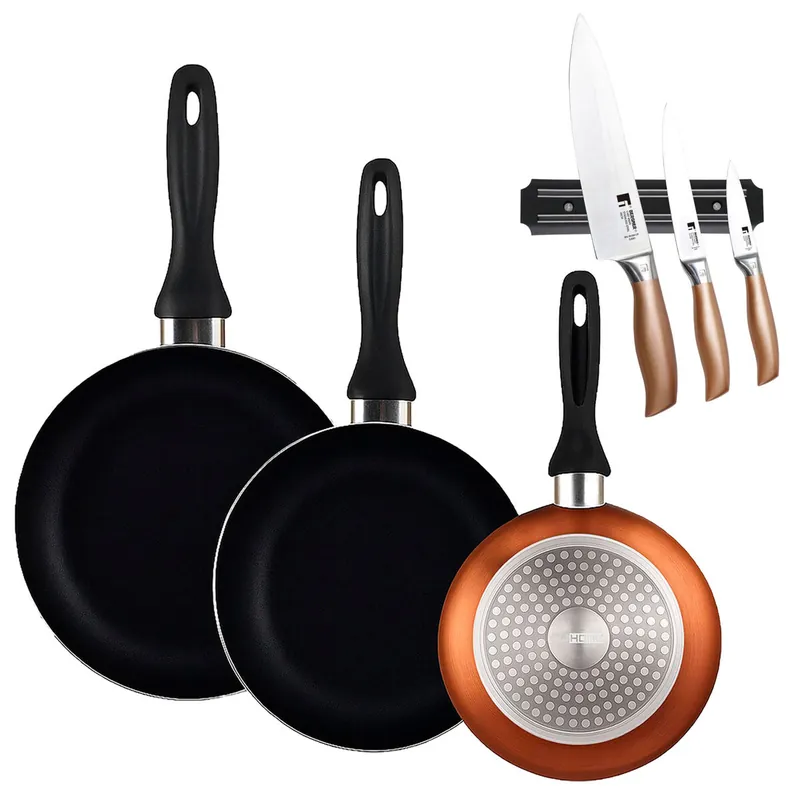 Well Home Set de 3 Sartenes Ø16Ø20Ø24cm de Aluminio prensado en Bronce metalizado+Set de 3 Cuchillos en acero inoxidable con Soporte magnético - Cocina