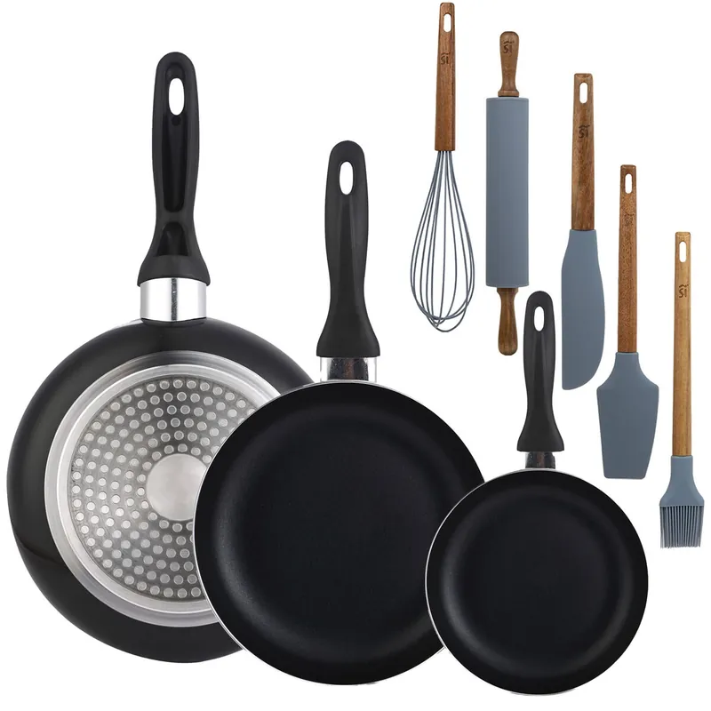 Set 3 sartenes Wellhome 16/20/24 aluminio prensado+Set de 5 Utensilios de Cocina de Silicona y Madera de Acacia
