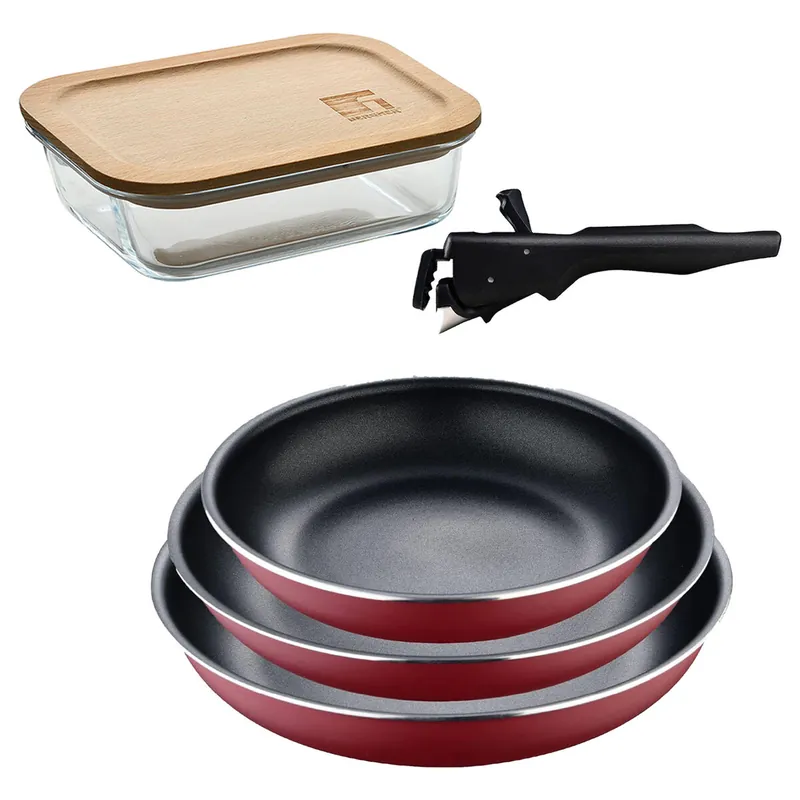 Bergner Click&Cook juego de 3 Sartenes Ø18Ø20Ø24cm Aluminio prensado rojo con Mango extraíble+Hermético de 650ml en vidrio de borosilicato - Cocina