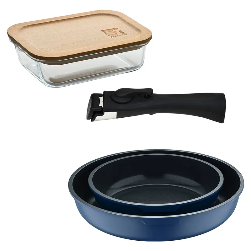 Bergner Click&Cook Juego de 2 Sartenes Ø22Ø26cm Aluminio fundido Azul con Mango desmontable+Hermético de 650ml en vidrio de borosilicato - Cocina