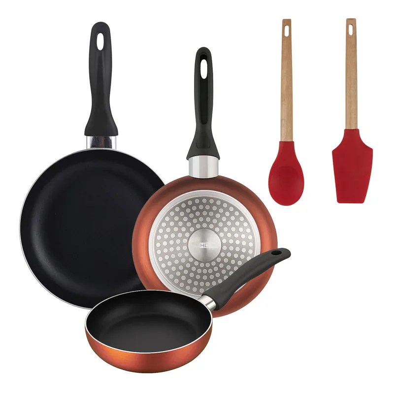 Well Home Set de 3 Sartenes Ø16Ø20Ø24cm de Aluminio prensado en Cobre metalizado+Juego de 2 utensilios de cocina de silicona