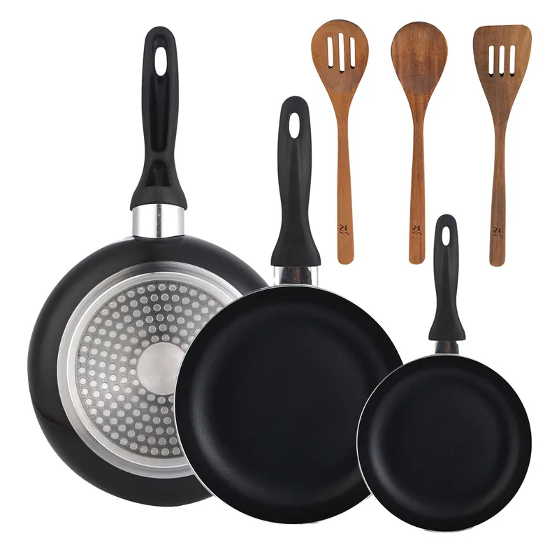 Set 3 sartenes Wellhome 16/20/24 aluminio prensado+Set 3pc utensilios cocina madera acacia