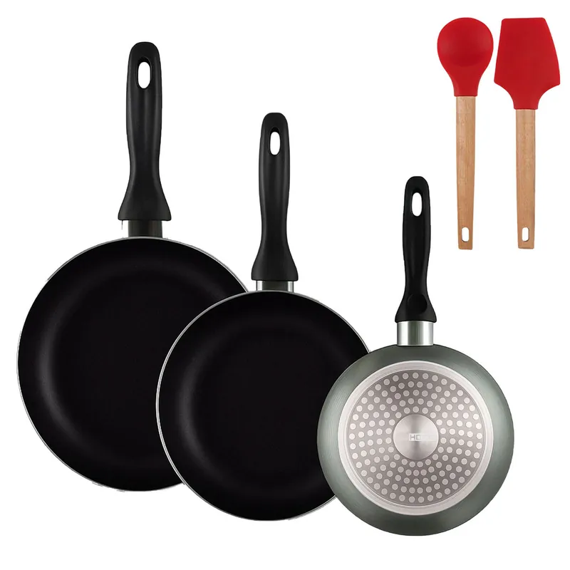 Well Home Set de 3 Sartenes Ø16Ø20Ø24cm de Aluminio prensado en Gris metalizado+Juego de 2 utensilios de cocina de silicona