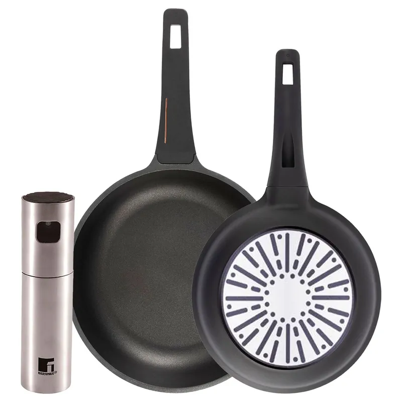 Bergner Juego de 2 Sartenes Ø24Ø28cm en aluminio fundido con mango de baquelita+Pulverizador de Aceite y vinagre Ø4x17,5cm en acero inoxidable - Cocina
