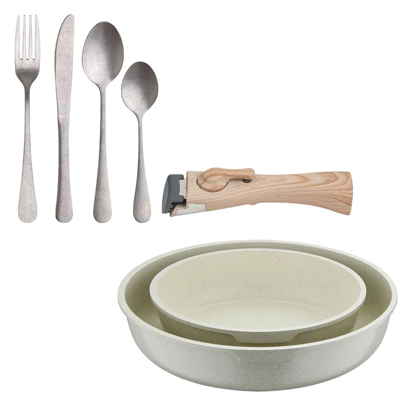 Bergner Click&Cook Juego de 2 Sartenes Ø22Ø26cm Aluminio fundido Blanco con Mango desmontable+Set de 16 Cubiertos en Acero Inoxidable - Cocina