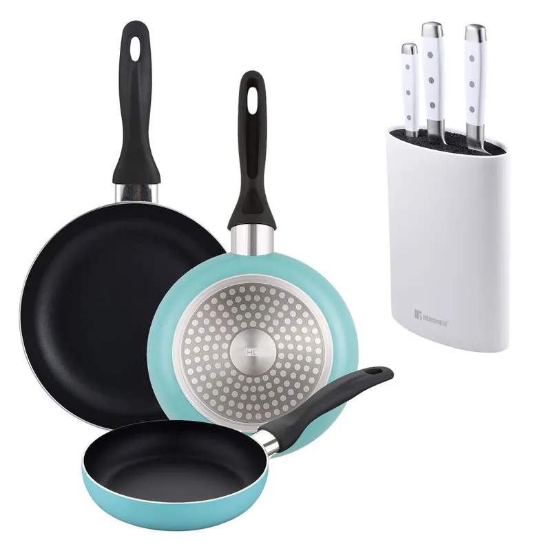 Well Home Set de 3 Sartenes Ø16Ø20Ø24cm de Aluminio prensado en Azul mate+Juego de 3 Cuchillos de acero inoxidable + Tacoma en color Blanco - Cocina