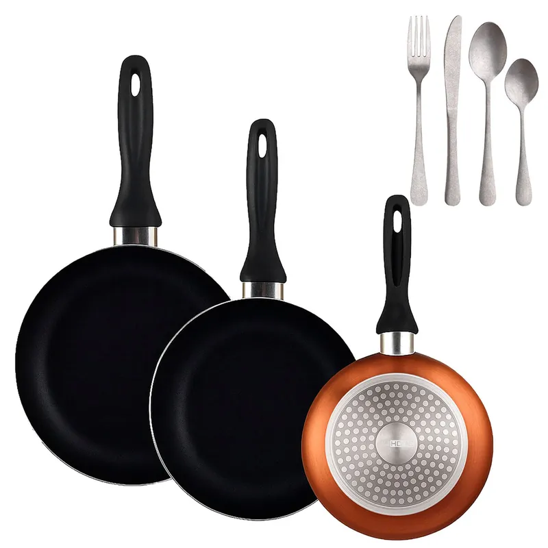 Well Home Set de 3 Sartenes Ø16Ø20Ø24cm de Aluminio prensado en Bronce metalizado+Set de 16 Cubiertos en Acero Inoxidable - Cocina