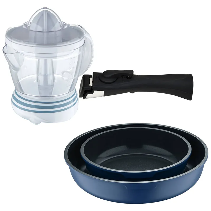 Bergner Click&Cook Juego de 2 Sartenes Ø22Ø26cm Aluminio fundido Azul con Mango desmontable+Exprimidor de 40W de Potencia - Capacidad de 1.2 Litros