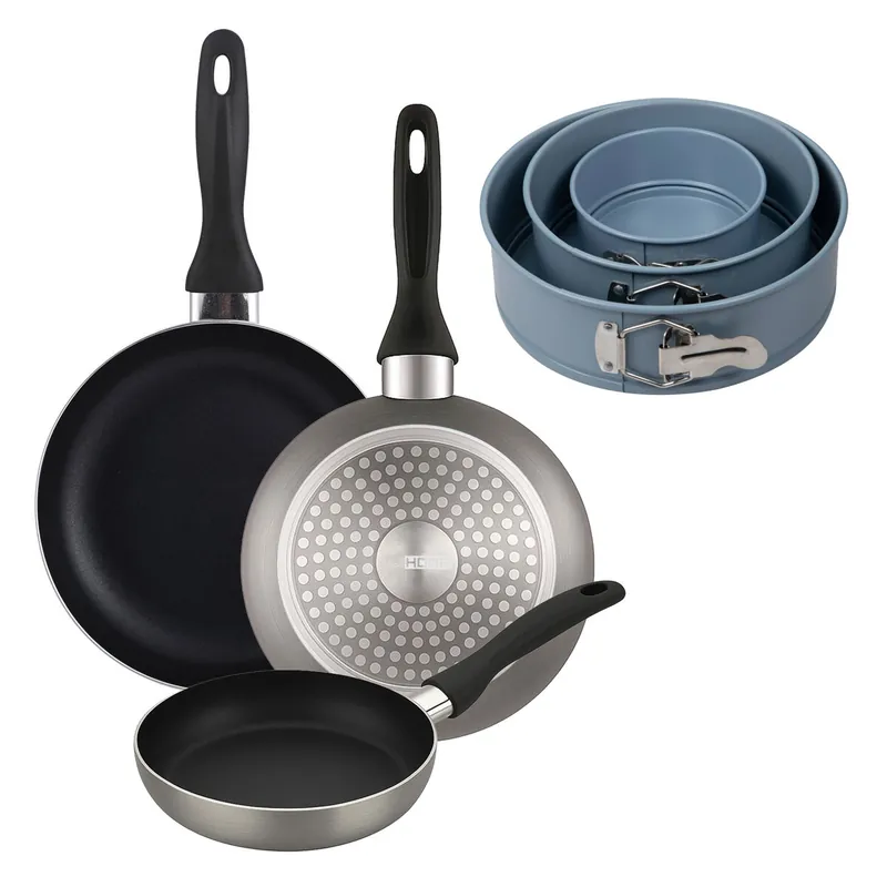 Well Home Set de 3 Sartenes Ø16Ø20Ø24cm de Aluminio prensado en Gris metalizado+Juego de 3 moldes de horno redondos Ø12Ø18Ø22cm - Cocina