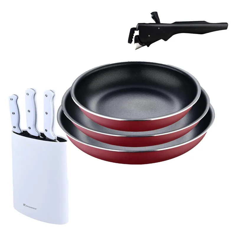 Bergner Click&Cook juego de 3 Sartenes Ø18Ø20Ø24cm Aluminio prensado rojo con Mango extraíble+Set de 3 Cuchillos con Tacoma en Acero inoxidable - Cocina