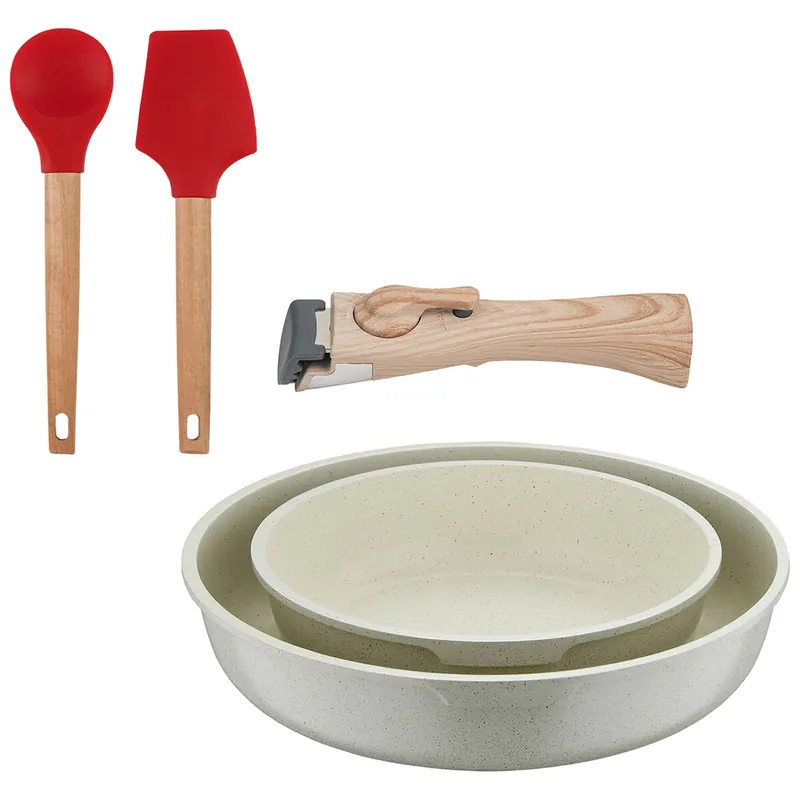 Bergner Click&Cook Juego de 2 Sartenes Ø22Ø26cm Aluminio fundido Blanco con Mango desmontable+Juego de 2 utensilios de cocina de silicona