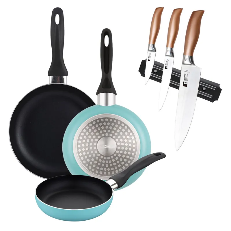 Well Home Set de 3 Sartenes Ø16Ø20Ø24cm de Aluminio prensado en Azul mate+Set de 3 Cuchillos en acero inoxidable con Soporte magnético de pared - Cocina