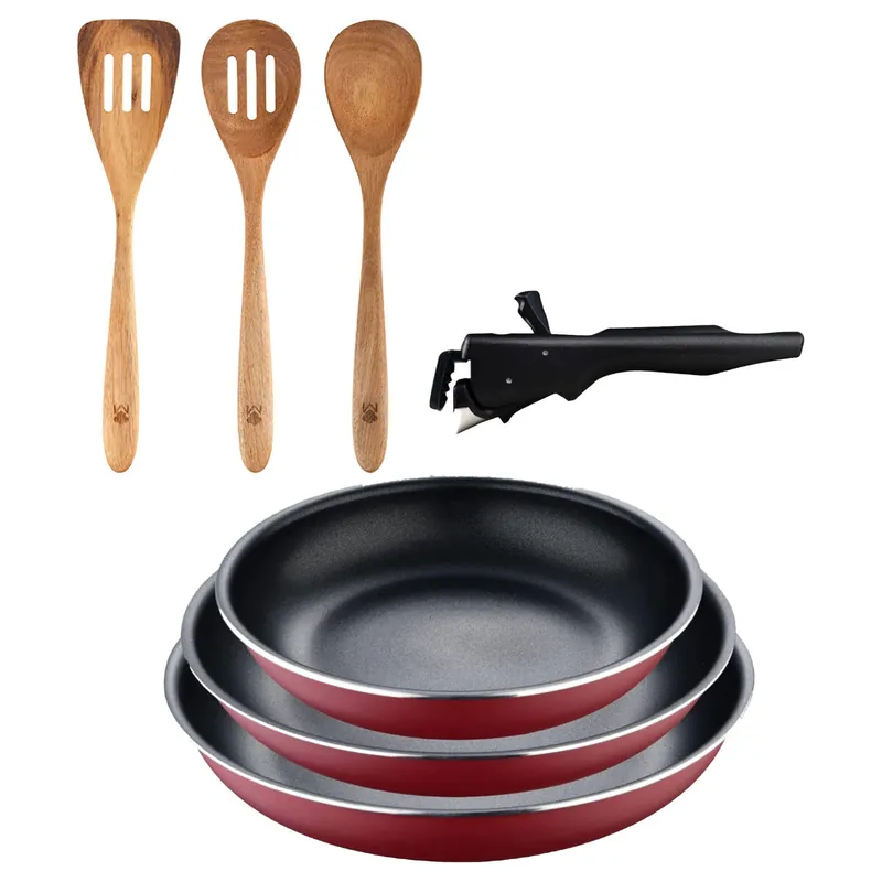 Bergner Click&Cook juego de 3 Sartenes Ø18Ø20Ø24cm Aluminio prensado rojo con Mango extraíble+Set 3pcs utensilios de cocina acacia
