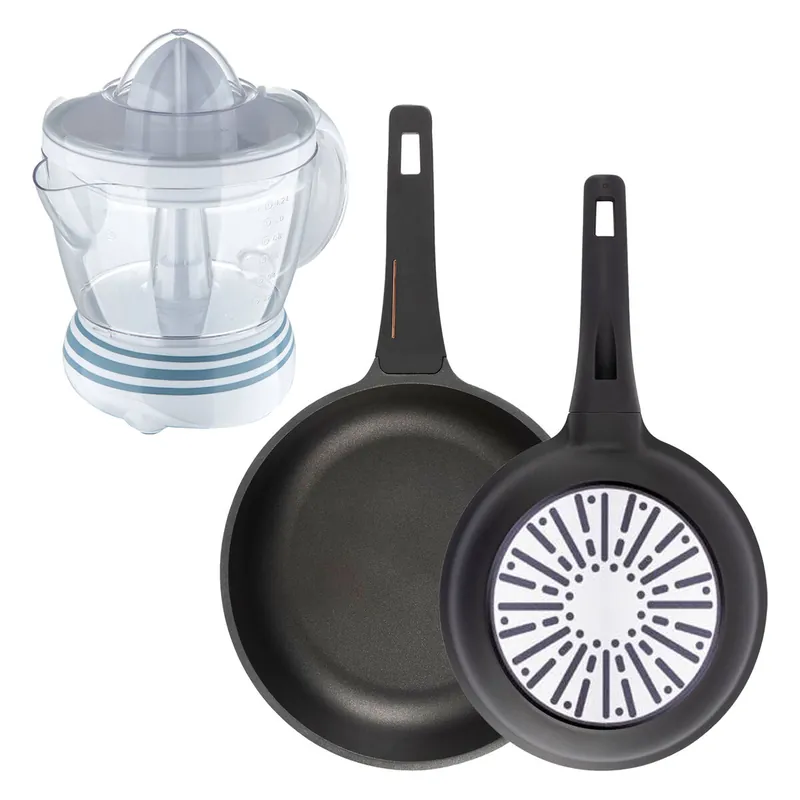 Bergner Juego de 2 Sartenes Ø24Ø28cm en aluminio fundido con mango de baquelita+Exprimidor de 40W de Potencia - Capacidad de 1.2 Litros