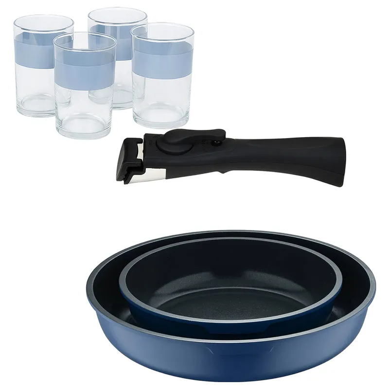 Bergner Click&Cook Juego de 2 Sartenes Ø22Ø26cm Aluminio fundido Azul con Mango desmontable+Juego de 4 Vasos de 0,5L - Cocina