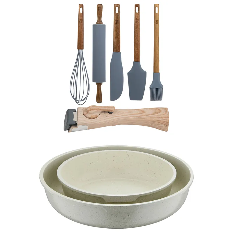 Bergner Click&Cook Juego de 2 Sartenes Ø22Ø26cm Aluminio fundido Blanco con Mango desmontable+Set de 5 Utensilios de Cocina de Silicona y Madera