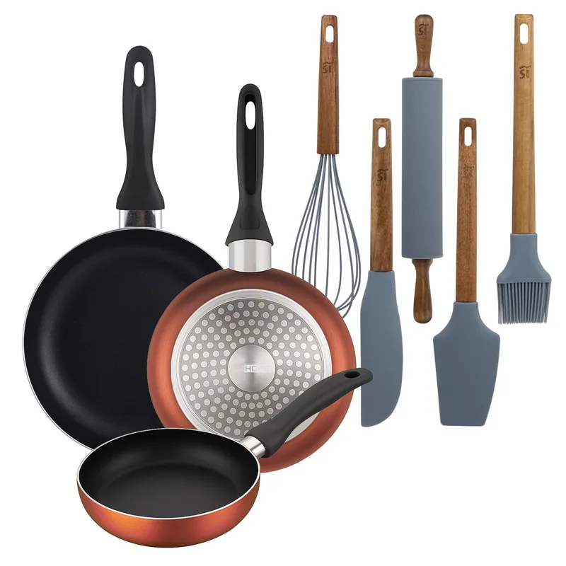 Well Home Set de 3 Sartenes Ø16Ø20Ø24cm de Aluminio prensado en Cobre metalizado+Set de 5 Utensilios de Cocina de Silicona y Madera de Acacia