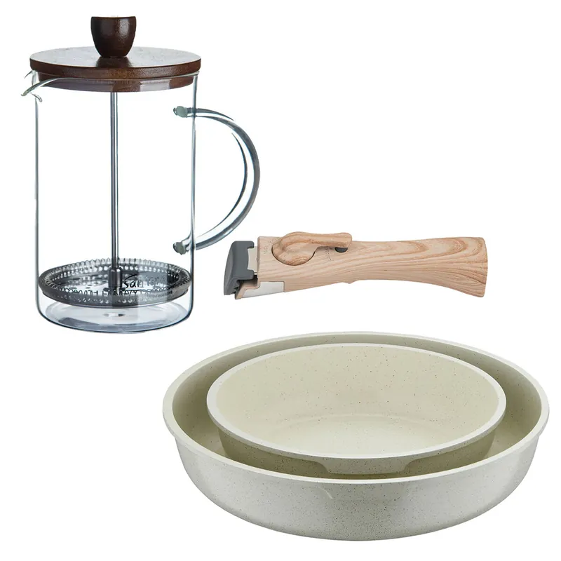 Bergner Click&Cook Juego de 2 Sartenes Ø22Ø26cm Aluminio fundido Blanco con Mango desmontable+Cafetera de émbolo de vidrio borosilicato - Cocina