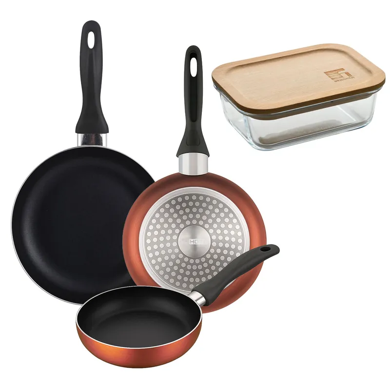 Well Home Set de 3 Sartenes Ø16Ø20Ø24cm de Aluminio prensado en Cobre metalizado+Hermético de 650ml en vidrio de borosilicato - Cocina
