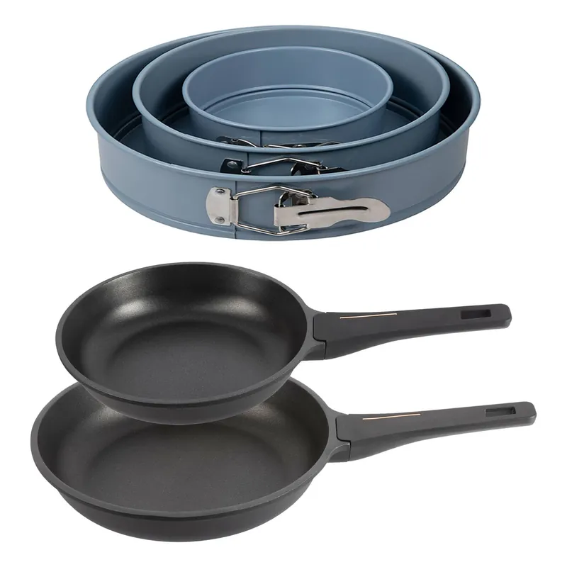 Bergner Juego de 2 Sartenes Ø24Ø28cm en aluminio fundido con mango de baquelita+Juego de 3 moldes de horno redondos Ø12Ø18Ø22cm - Cocina