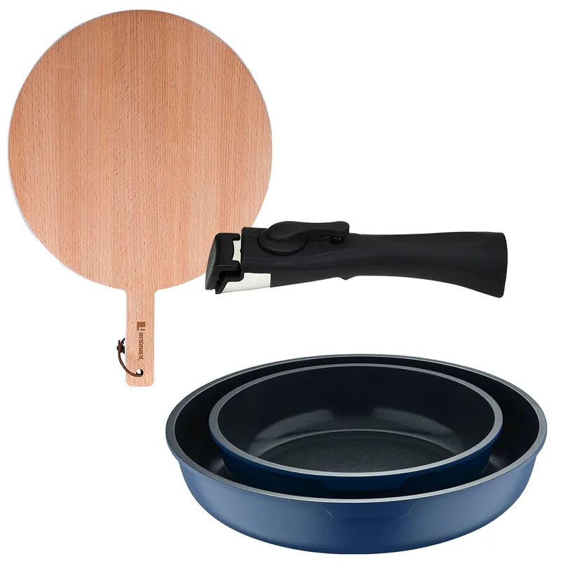 Bergner Click&Cook Juego de 2 Sartenes Ø22Ø26cm Aluminio fundido Azul con Mango desmontable+Tabla de corte Redonda de 38x28x1,5cm en madera de haya - Cocina