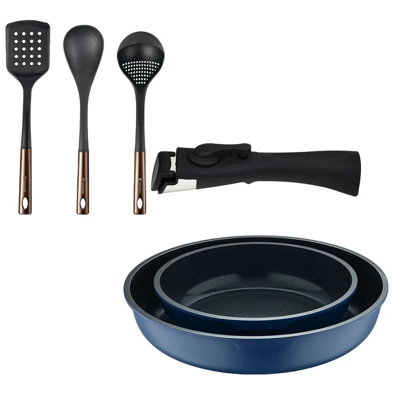 Bergner Click&Cook Juego de 2 Sartenes Ø22Ø26cm Aluminio fundido Azul con Mango desmontable+ Set de 3 Utensilios de cocina de PBT negro y cobre