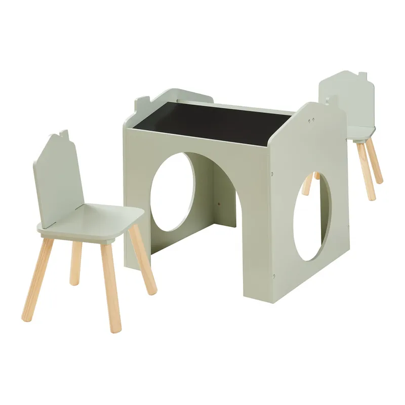 Juego infantil de mesa y 2 sillas Romso MDF en forma de casa - Verde menta [en.casa]