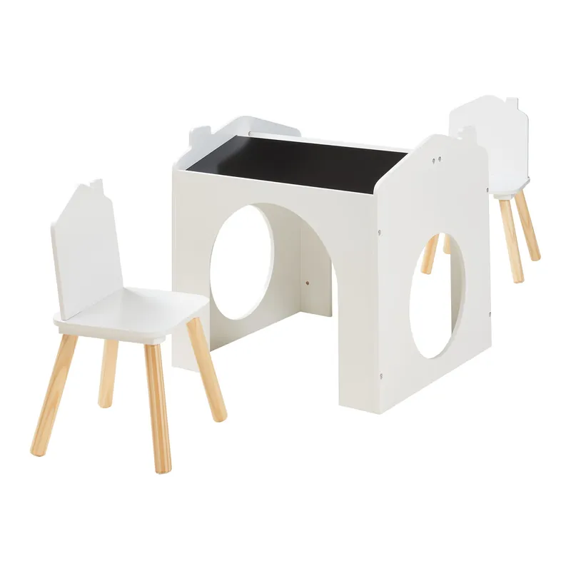 Juego infantil de mesa y 2 sillas Romso MDF en forma de casa - Blanco [en.casa]