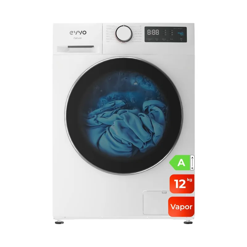 EVVO Lavadora Nature 12 12 kg, 1350 rpm, Clase A, motor inverter, tambor ePROTECT, vapor Steam Wash, 15 programas, 15’ rápido, blanco - Electrodomésticos