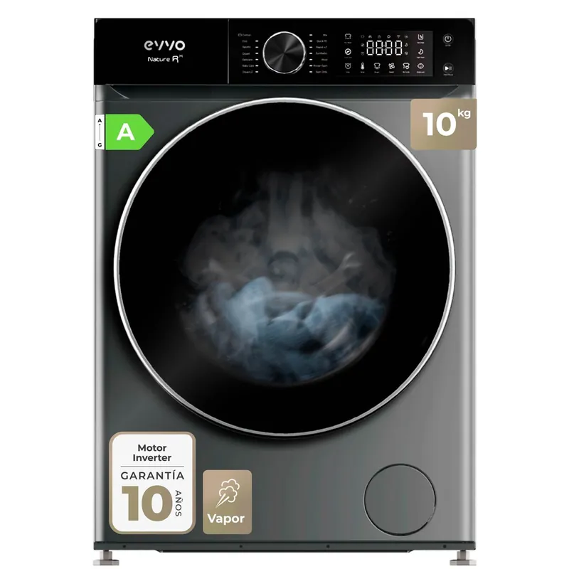 EVVO Lavadora 10 kg Nature R10X, 1400 rpm, Clase A, Motor Inverter, 13 programas, vapor, Super Spa, lavado rápido, inox - Electrodomésticos