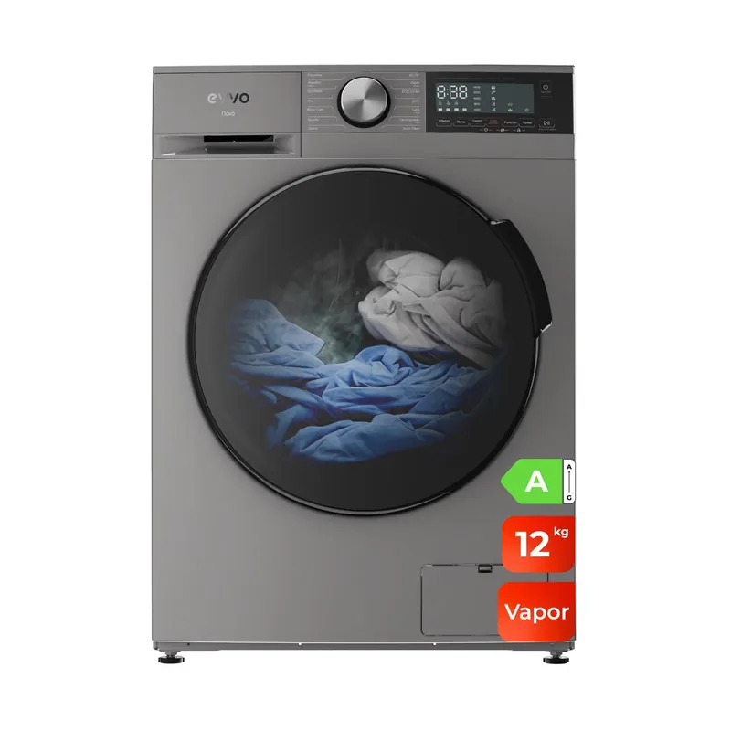 EVVO Lavadora 12 kg carga frontal Nova 12, 1350 rpm, Clase energética A, Motor Inverter, tambor diamante ePROTECT, 14 programas, Función vapor Steam Wash, Smart LOAD, Lavado Rápido 15', Inicio diferido, Inox - Electrodomésticos