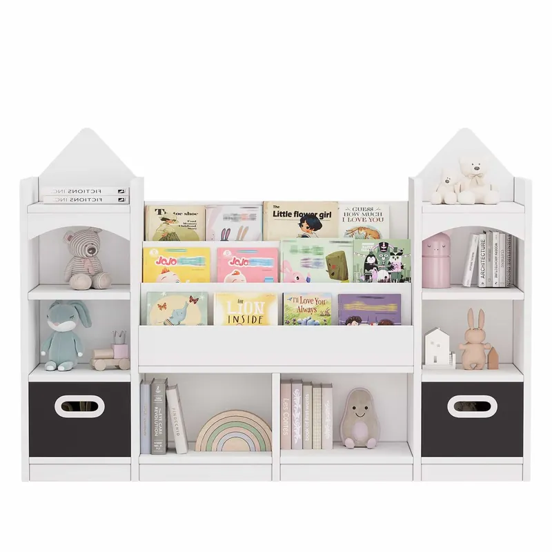 Estantería infantil para libros y juguetes 130x30x90 cm - estantería infantil multiestante, armario organizador para habitación infantil, con 2 cajas de almacenamiento plegables, almacenamiento de libros y juguetes - blanco