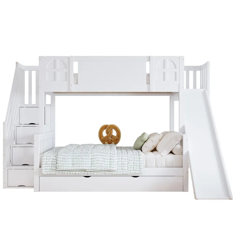 Litera infantil de madera de pino 90x200cm con 1 cajón,tobogán,ventana,escalera con almacenaje y protección contra caídas,blanco - Descanso