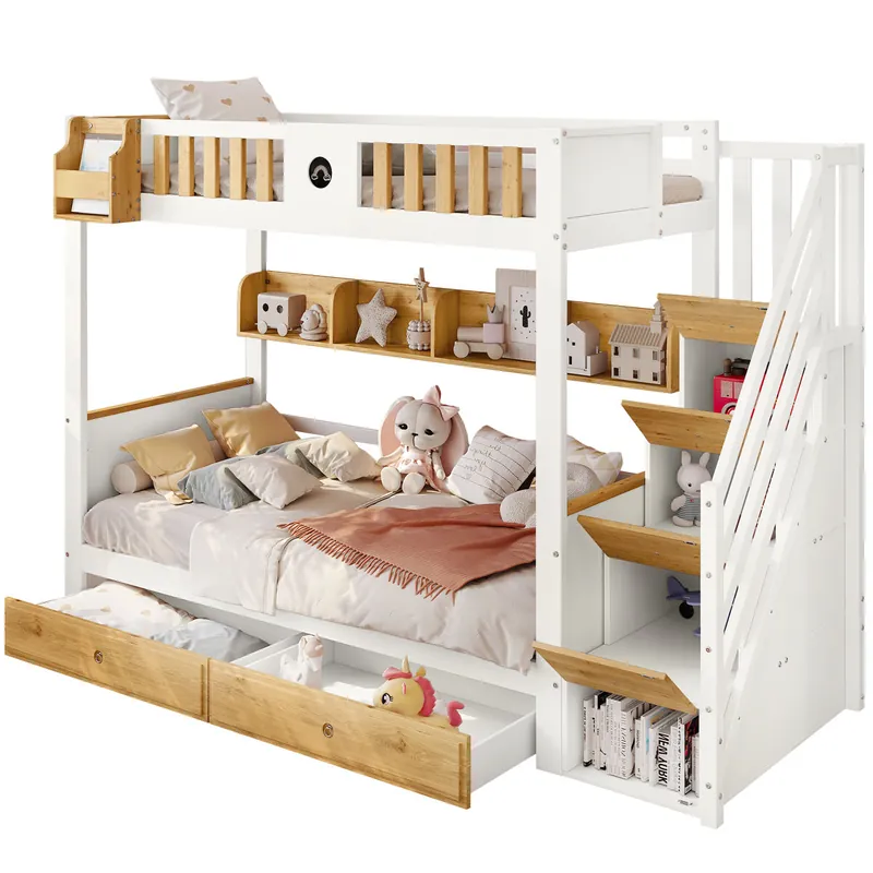 Litera infantil de madera de pino 90x200cm con 2 cajónes,blanco+natural - Descanso