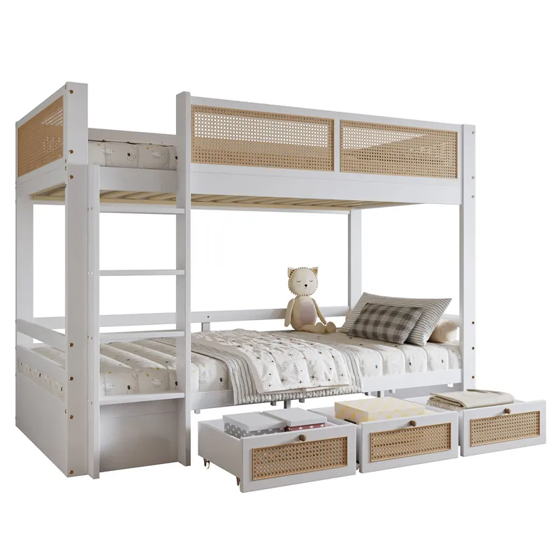 Litera infantil de madera de pino 90x200cm con 3 cajónes,blanco+natural - Descanso