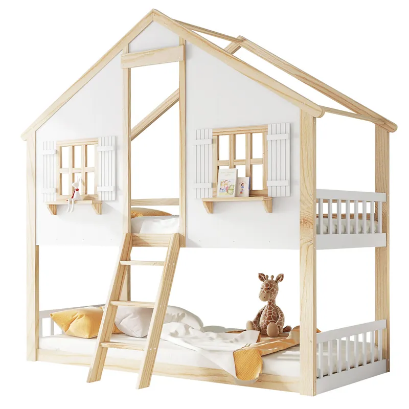 Litera infantil de madera de pino 90x200cm,blanco+natural - Descanso