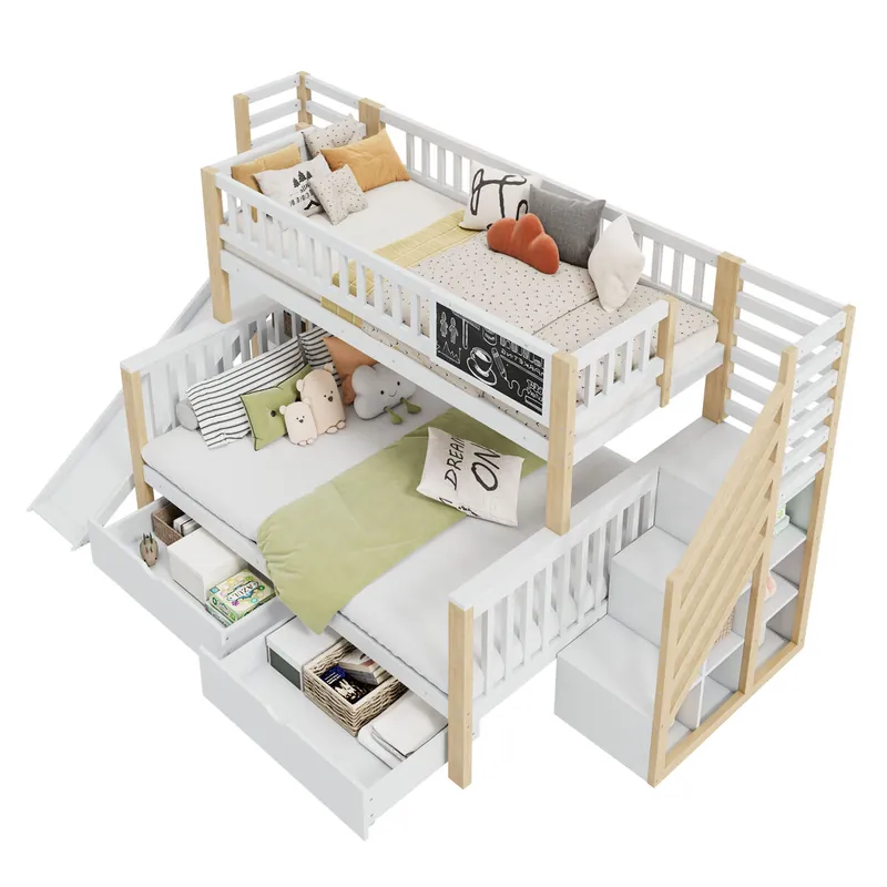 Litera infantil de madera de pino 140x200(90x200) cm,blanco+natural - Descanso