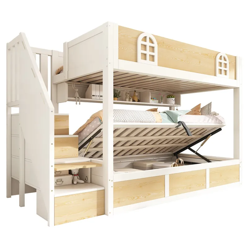 Litera infantil de madera maciza 90x200 cm,blanco+natural - Descanso