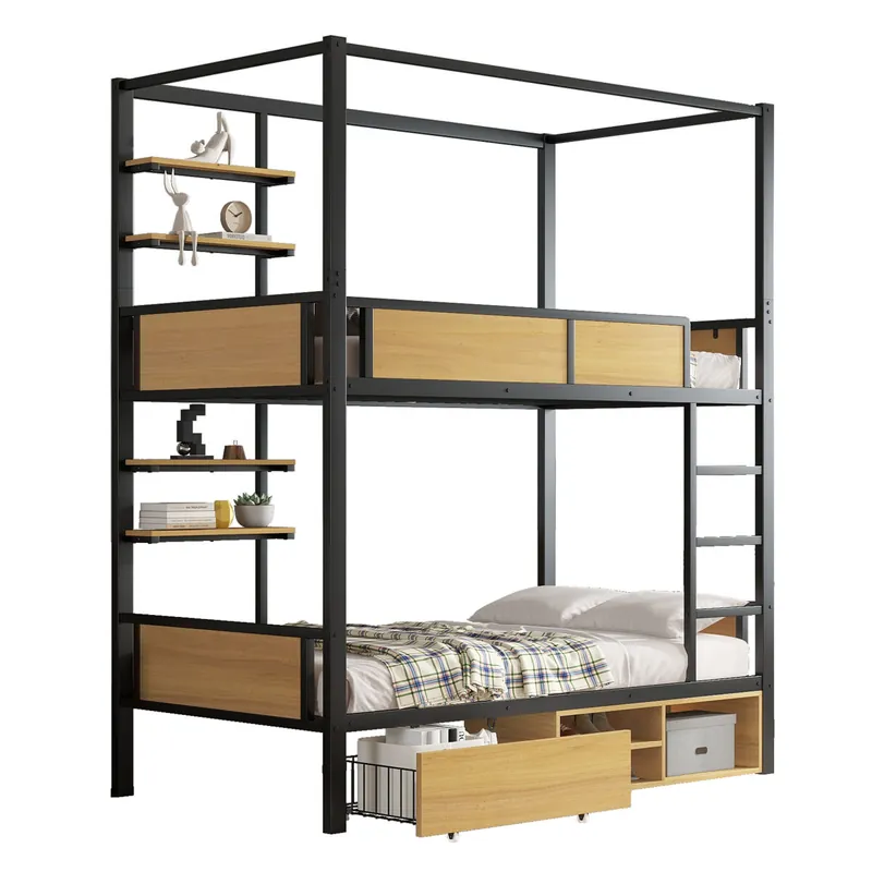 Litera infantil de metal y mdf 90x200cm con 1 cajón,negro+natural - Descanso