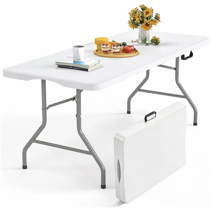 YOEVU - Mesa Plegable de Plástico 180 cm – Tipo Maleta con Asa, Resistente y Portátil, para Exteriores e Interiores, Capacidad 8 Personas, Fácil de Limpiar y Almacenar