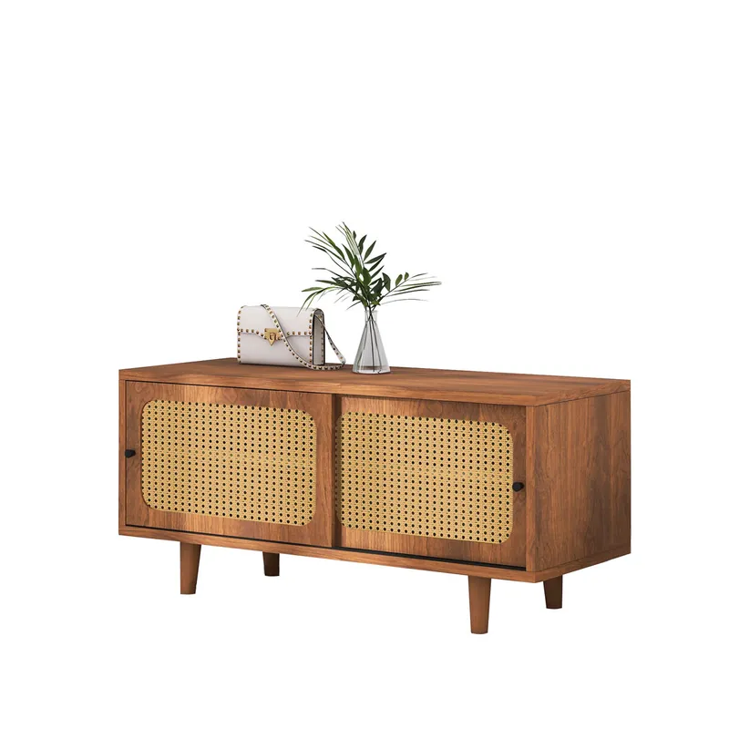Zapatero De Madera Con Puertas Correderas De Ratán Natural, Estilo Nórdico Retro En Color Nogal, Con Baldas Ajustables Y Patas De Madera Maciza, Ideal Para Recibidor, Pasillo O Dormitorio - Muebles
