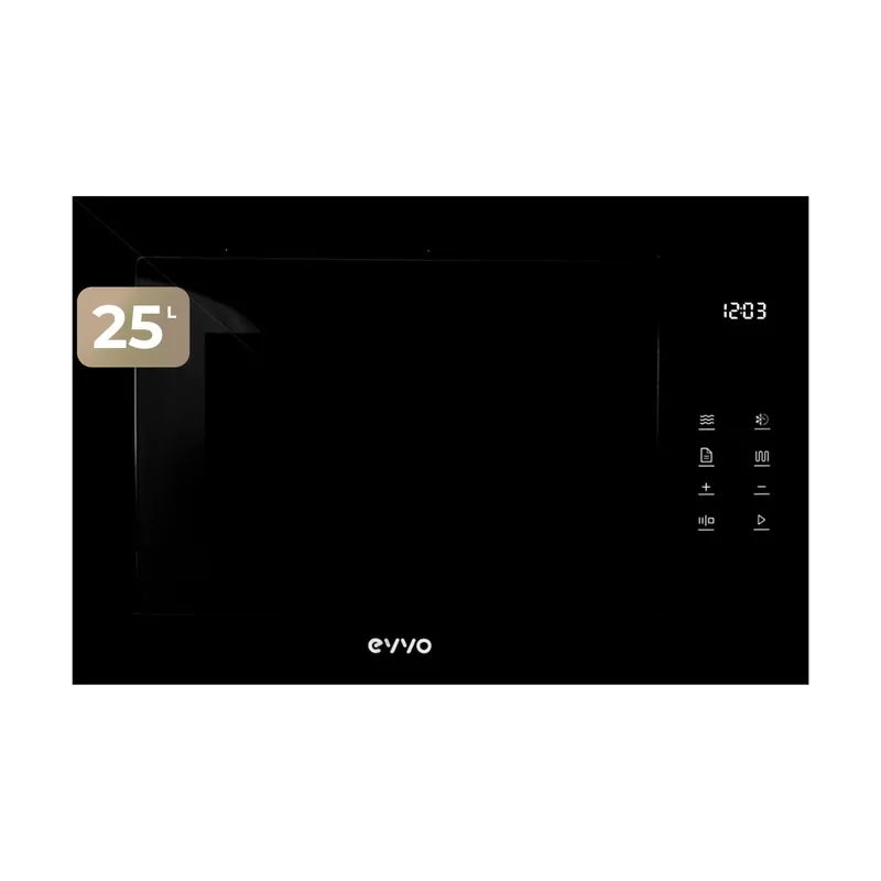 EVVO Microondas integrable Mi45 Glass Black, 25L, grill 1200W, 8 funciones, multifunción, temporizador 60 min, display digital, negro. - Electrodomésticos