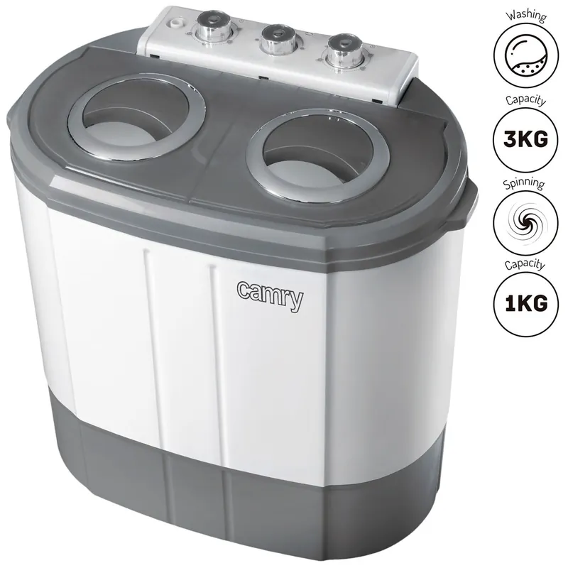 Camry CR 8052 Mini Lavadora Centrifugadora Portátil, 3Kg Lavado, 2 Compartimentos, Programa Lavado 15m, 190 , Blanco/Gris - Electrodomésticos