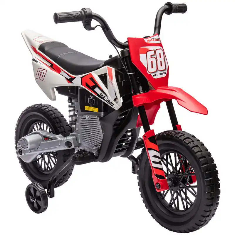 AIYAPLAY Moto Eléctrica para Niños de +3 Años, Moto Eléctrica Infantil con Batería 12V, Música, Velocidad 2,4-5 km/h y Ruedas Auxiliares Desmontables, Carga 30 kg, Rojo