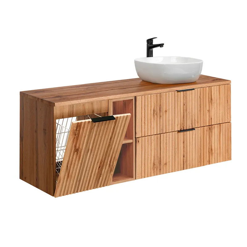 Mueble lavabo individual 140cm 2 compartimientos cesto de ropa Adriel Madera - Baño